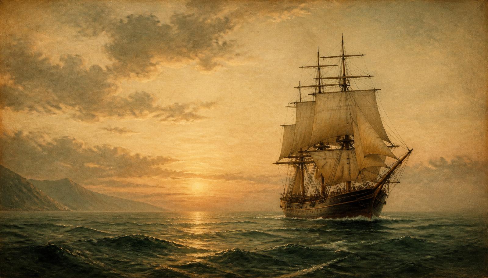 Navio à vela do século XIX cruzando o Atlântico